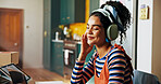 Home, student and woman on laptop with headphones listening to audio, radio and track. Online learning, university and happy person on computer for college assignment, website and research project