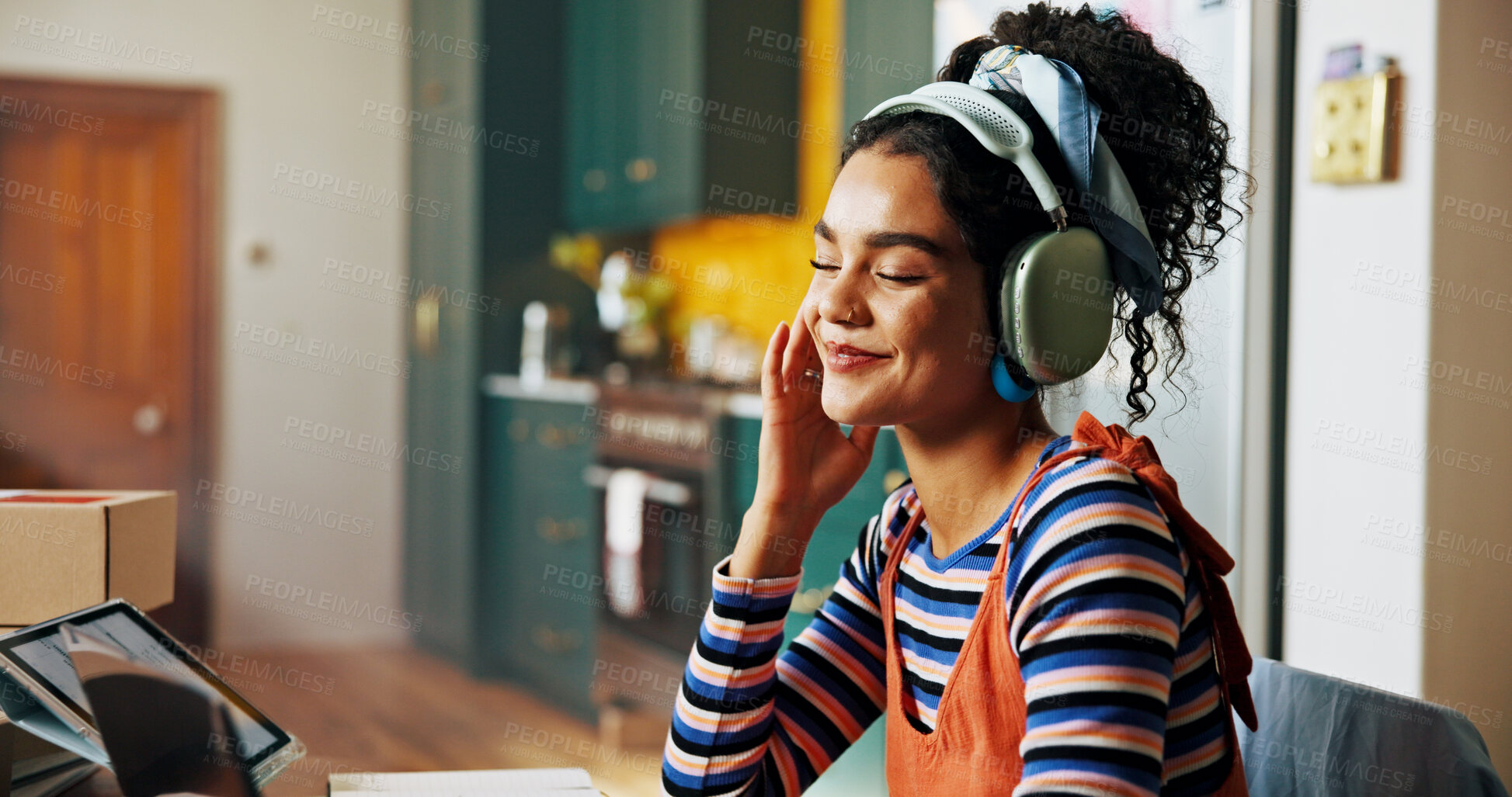 Buy stock photo Home, student and woman on laptop with headphones listening to audio, radio and track. Online learning, university and happy person on computer for college assignment, website and research project