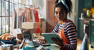 Buy stock photo Woman, tablet and typing on laptop of small business for stock check, planning logistics and checklist. Person, digital and review sale with online orders, inventory management and schedule delivery
