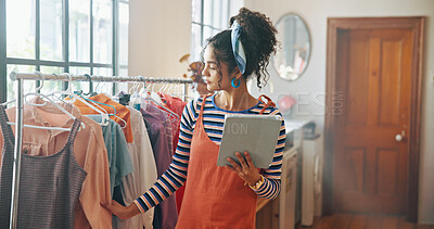 Buy stock photo Woman, check clothes and tablet of small business for stock inspection, quality control and checklist. Person, collection and digital for fashion ecommerce, inventory management and schedule delivery