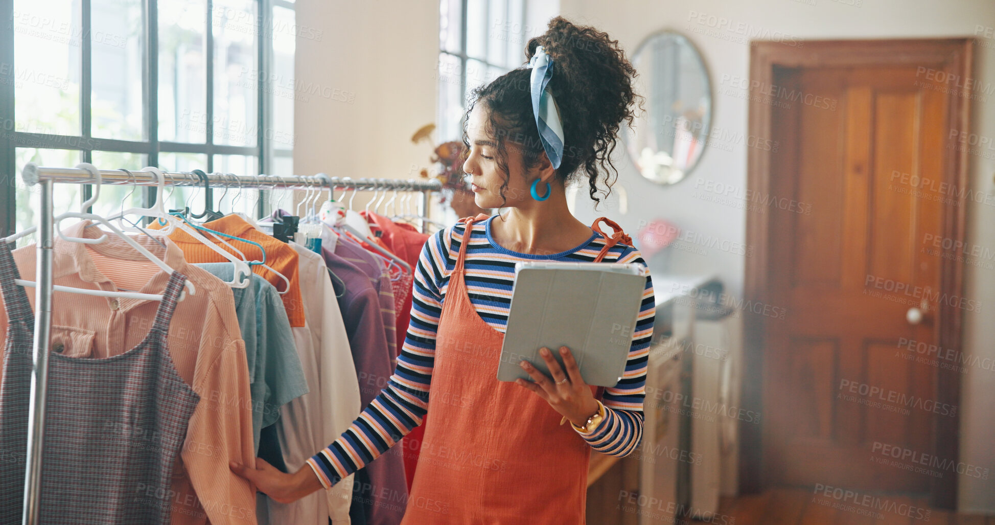 Buy stock photo Woman, check clothes and tablet of small business for stock inspection, quality control and checklist. Person, collection and digital for fashion ecommerce, inventory management and schedule delivery