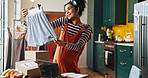 Happy, woman and phone call for fashion small business, courier service and schedule delivery. Person, mobile and clothes for stock check, online order and inventory management for feedback of choice