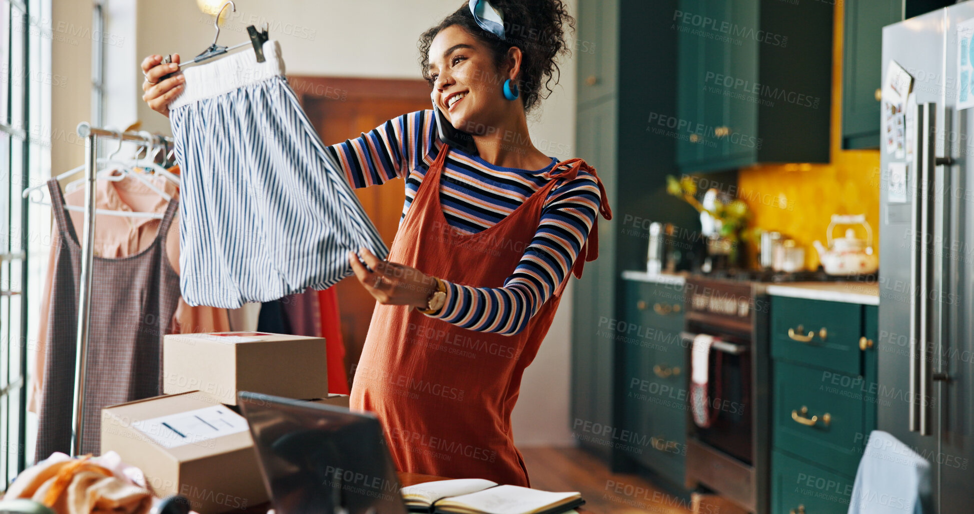 Buy stock photo Happy, woman and phone call for fashion small business, courier service and schedule delivery. Person, mobile and clothes for stock check, online order and inventory management for feedback of choice