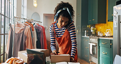 Buy stock photo Woman, phone call and talk with box for small business, courier service and schedule delivery. Person, mobile discussion and package information of fashion order, check label and feedback for address