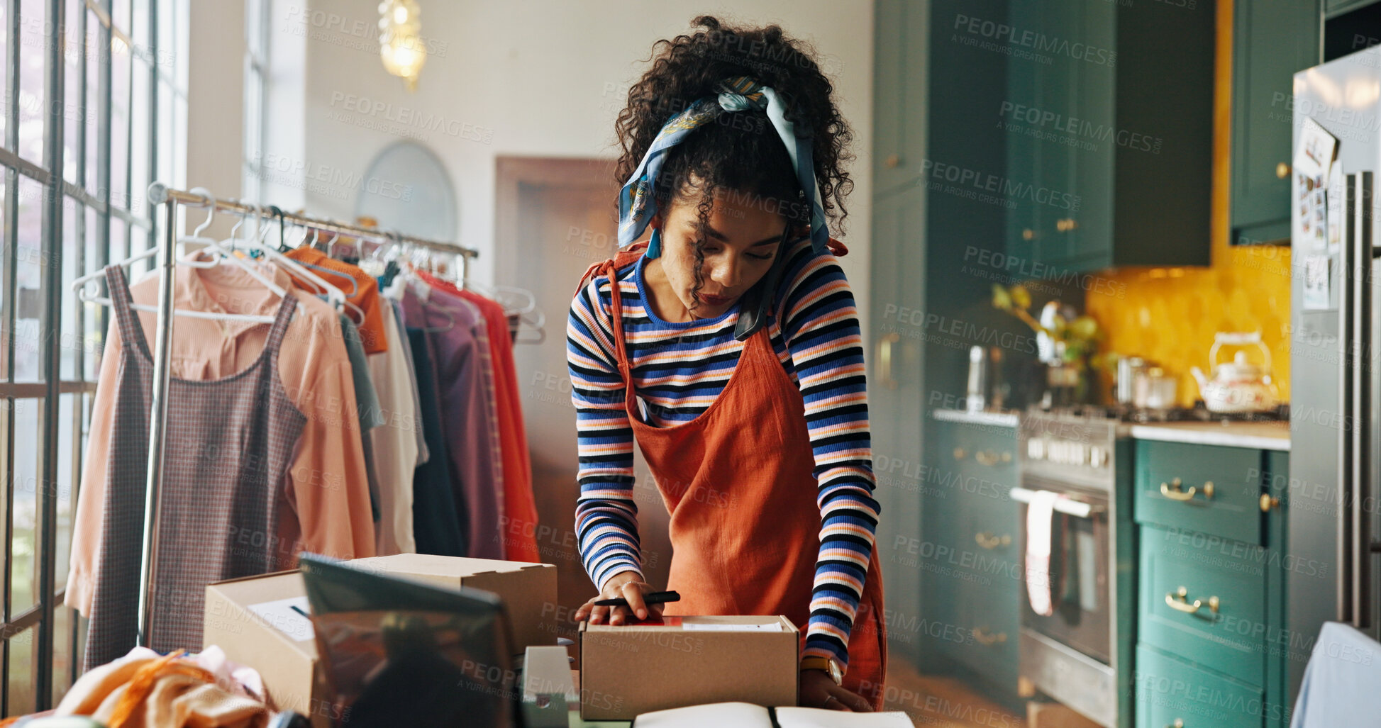 Buy stock photo Woman, phone call and talk with box for small business, courier service and schedule delivery. Person, mobile discussion and package information of fashion order, check label and feedback for address
