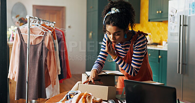 Buy stock photo Woman, phone call and check box for small business, courier service and schedule delivery. Person, mobile discussion and package for information of fashion order, review label and feedback of address