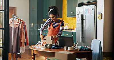 Buy stock photo Woman, phone call and check package for small business, courier service and schedule delivery. Person, mobile discussion and box for information of fashion order, review label and feedback of address