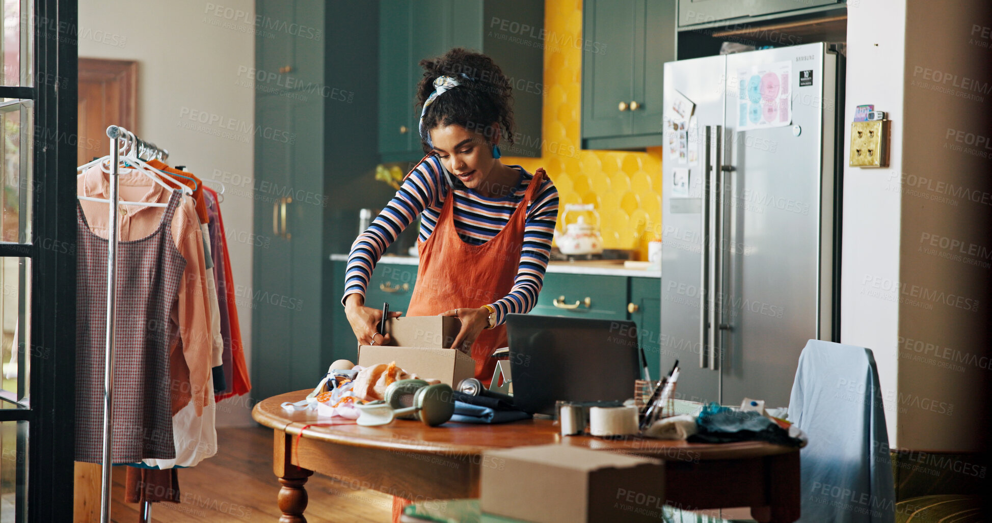 Buy stock photo Woman, phone call and check package for small business, courier service and schedule delivery. Person, mobile discussion and box for information of fashion order, review label and feedback of address