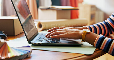 Buy stock photo Hands, woman and typing on laptop for small business with stock check, planning logistics and checklist. Person, digital and review sale with online orders, inventory management and schedule delivery