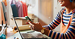 Hands, person and typing with phone of small business for communication, logistics update and checklist. Woman, mobile and website reviews of online orders, inventory management and schedule delivery