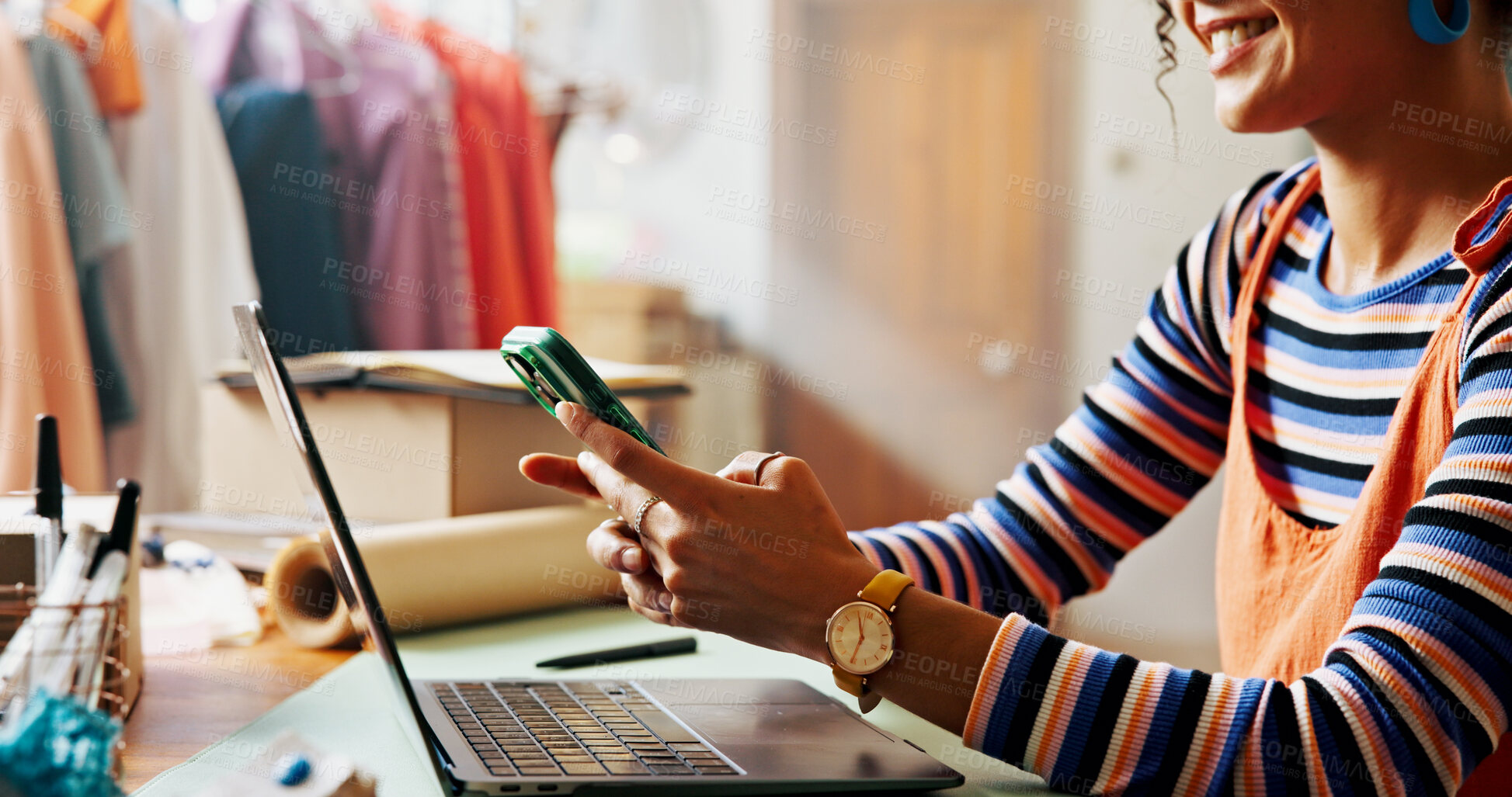 Buy stock photo Hands, person and typing with phone of small business for communication, logistics update and checklist. Woman, mobile and website reviews of online orders, inventory management and schedule delivery