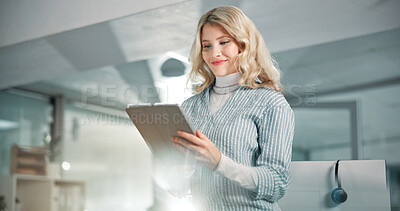 Buy stock photo Research, business and woman on tablet in finance for online report, taxes and audit. Night, review or banker reading news on touchscreen in financial agency for equity, stock and investment growth