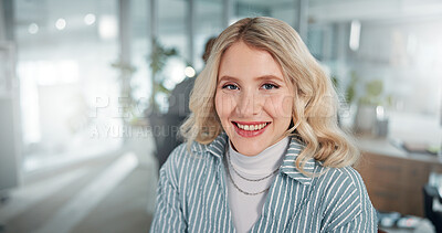 Buy stock photo Journalism, portrait and smile of business woman in office for editing or magazine publication. Agency, creative and publishing house with happy journalist in workplace for article or catalog
