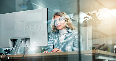 Buy stock photo Research, agency or woman on computer in finance office for online report, taxes or audit. Night, review and banker reading news on desktop in financial firm for equity, stock or investment growth