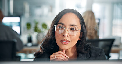 Buy stock photo Thinking, business and woman on computer in finance office for online solution, taxes or audit. Problem solving, review or banker with ideas in financial agency for equity, stock or investment growth