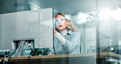 Buy stock photo Research, account or woman on computer in finance office for online report, taxes or audit. Web, review and banker reading news on desktop in financial agency for equity, stock or investment growth