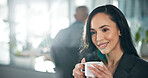 Coffee, thinking and businesswoman in office in morning with ideas, choice or decision. Happy, memory and female financial advisor with cappuccino for planning investment proposal in workplace.