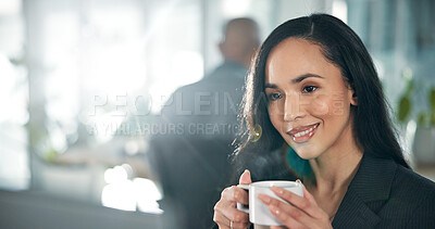 Buy stock photo Coffee, thinking and businesswoman in office in morning with ideas, choice or decision. Happy, memory and female financial advisor with cappuccino for planning investment proposal in workplace.