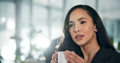 Buy stock photo Coffee, ideas and businesswoman in office in morning with thinking, choice or decision. Professional, memory and female financial advisor with cappuccino for planning investment proposal in workplace