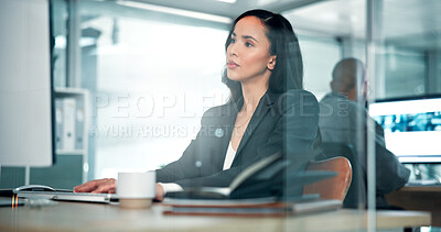 Buy stock photo Research, budget or businesswoman on computer in office for financial report, taxes or audit. Online, review and banker typing on desktop in finance agency for equity, stock and investment growth