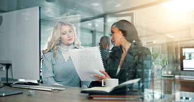 Buy stock photo Discussion, teamwork and women with documents in finance office for report, taxes or audit. Bokeh, sales review and banker with manager in financial agency for equity, paperwork or investment growth