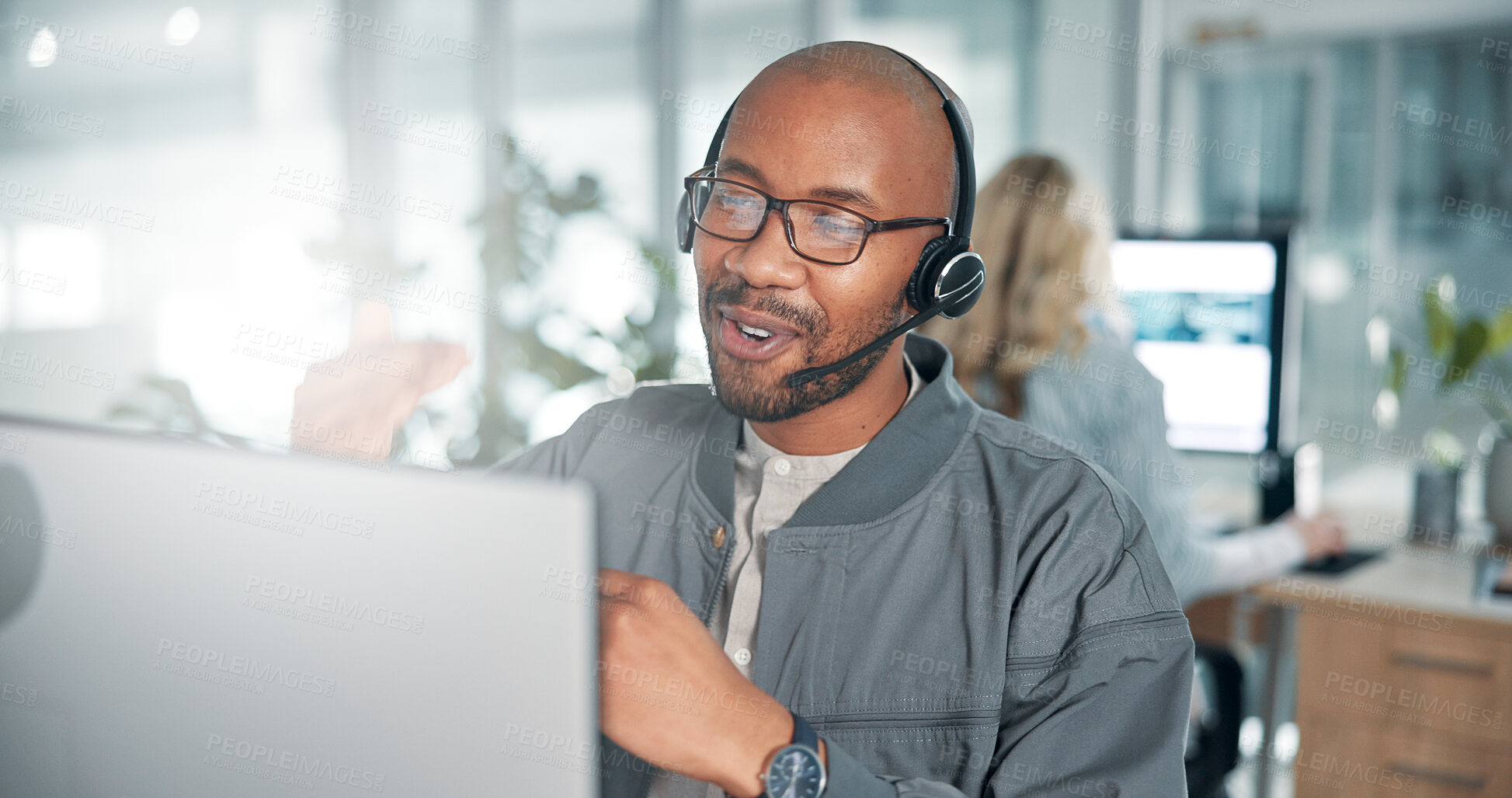 Buy stock photo Computer, office and business man for customer service, online consulting and sales telemarketing. CRM company, administration and person with headset for communication, virtual assistant and contact