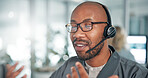 Call center, contact us and black man with headset in office for communication with crm. Talking, customer experience and African male technical support agent with audio tech for lead generation.