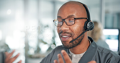Buy stock photo Call center, contact us and black man with headset in office for communication with crm. Talking, customer experience and African male technical support agent with audio tech for lead generation.