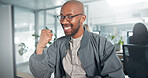 Fist pump, happy and black man in office with good news for job promotion, success or achievement. Cheering, smile and African male creative editor at magazine agency for publishing target or goal.
