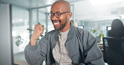 Buy stock photo Fist pump, happy and black man in office with good news for job promotion, success or achievement. Cheering, smile and African male creative editor at magazine agency for publishing target or goal.