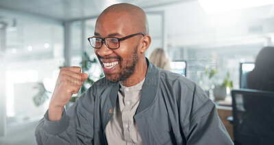 Buy stock photo Fist pump, excited and black man in office with good news for job promotion, success or achievement. Cheering, smile and African male creative editor at magazine agency for publishing target or goal.