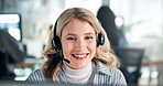 Happy, office and business woman for customer service, online consulting and sales telemarketing. CRM company, administration and person with headset for communication, virtual assistant and contact