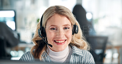 Buy stock photo Happy, office and business woman for customer service, online consulting and sales telemarketing. CRM company, administration and person with headset for communication, virtual assistant and contact