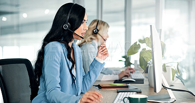 Buy stock photo Communication, computer and contact us with woman in call center for assistance or consulting. Advice, customer service and support with employee in telecom workplace as virtual assistant for crm
