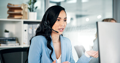 Buy stock photo Communication, consulting and contact us with woman in call center for advice or assistance. Business, customer service and headset with employee at work in telecom support as virtual assistant