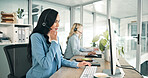 Computer, communication and contact with woman in call center for assistance or crm consulting. Business, customer service and support with happy employee at work in headset as virtual assistant