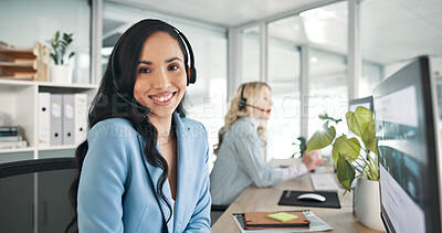 Buy stock photo Call center, businesswoman and portrait with headset for computer, customer service and happiness. Office, coworking and sales consultant with technology for communication, support and telemarketing