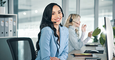 Buy stock photo Call center, businesswoman and portrait with headset for telemarketing, customer service and happiness. Office, coworking and sales consultant with computer for faq research, support or communication