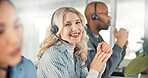 Call center, businesswoman and portrait with headset for coworking, customer service and happiness. Office, telemarketing and sales consultant with smile for faq, support and communication for crm