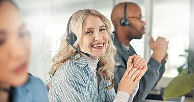 Buy stock photo Call center, businesswoman and portrait with headset for coworking, customer service and happiness. Office, telemarketing and sales consultant with smile for faq, support and communication for crm