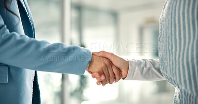 Buy stock photo Business, people and hands with handshake in meeting for corporate negotiation, partnership deal and welcome. Closeup, employee and stakeholder agreement in office for b2b collaboration and thank you