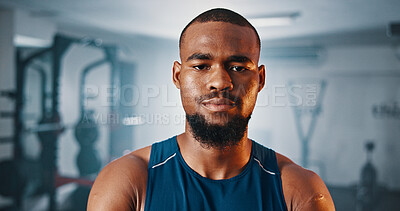Buy stock photo Portrait, fitness and serious black man in gym for exercise, muscle and strength training for health. Determination, face and person at workout club with confident bodybuilder or sports trainer