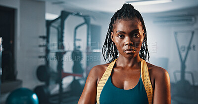 Buy stock photo Portrait, fitness and serious black woman in gym for exercise, muscle or strength training for health. Determination, wellness and person at workout club with bodybuilder, confidence or challenge
