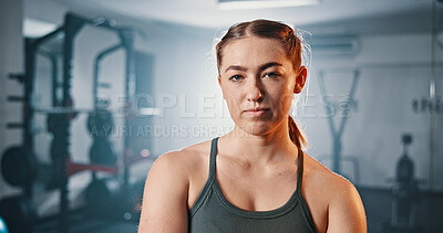 Buy stock photo Portrait, fitness and woman in gym with determination for exercise, muscle or strength training for health. Sports, wellness and person at workout club with bodybuilder, confidence and pride in UK
