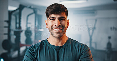Buy stock photo Portrait, fitness and happy man in gym for training, muscle and strength exercise for health. Smile, wellness and person at workout club with bodybuilder, confidence and pride with sports instructor
