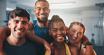 Buy stock photo Fitness, portrait and team of friends in gym with smile, support and group workout together. Men, women and happy personal trainer at sports club for exercise, body building and diversity in class