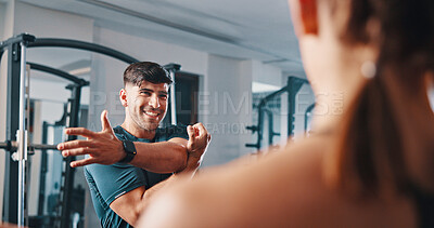 Buy stock photo Workout, exercise and stretching with personal trainer, class and gym for training or fitness routine. Coaching, goals and warm up with sports people group in health club together for muscle target