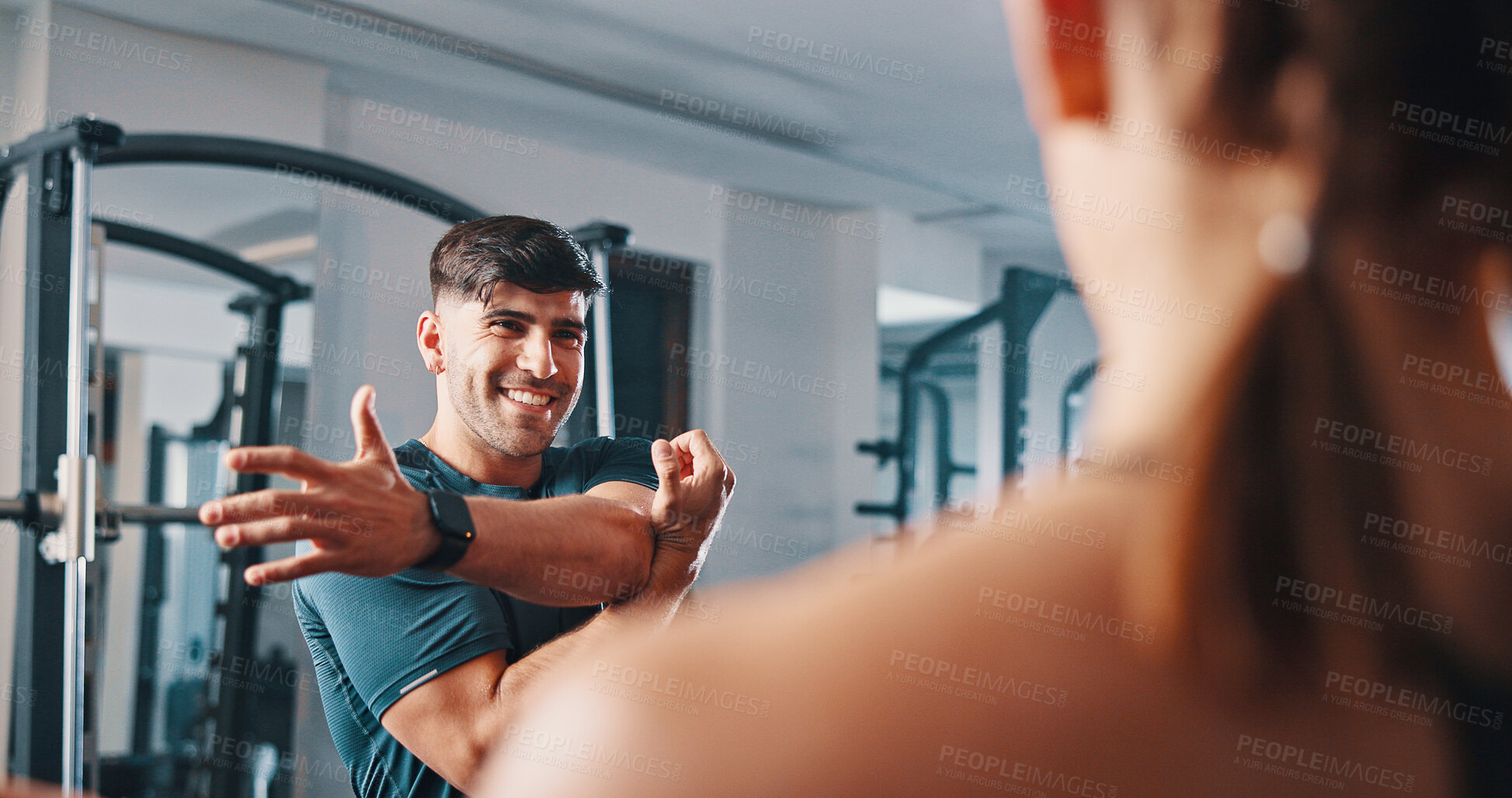 Buy stock photo Workout, exercise and stretching with personal trainer, class and gym for training or fitness routine. Coaching, goals and warm up with sports people group in health club together for muscle target
