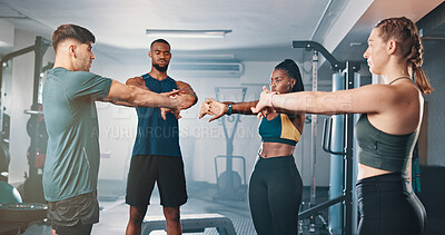 Buy stock photo Fitness, warm up and stretching with personal trainer, class and gym for training or workout routine. Coaching, goals and exercise with sports people group in health club together for muscle target