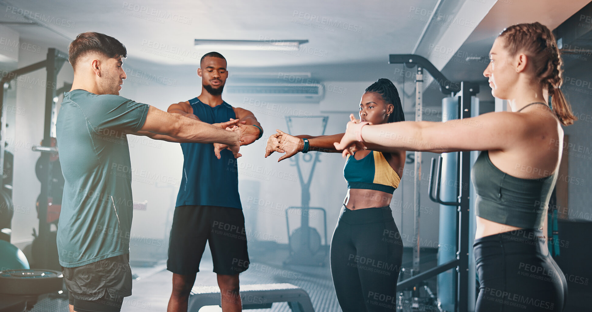 Buy stock photo Fitness, warm up and stretching with personal trainer, class and gym for training or workout routine. Coaching, goals and exercise with sports people group in health club together for muscle target